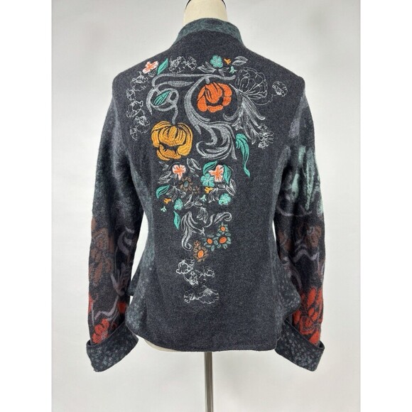 Ivko Wool Cardigan Jacket Grey Floral XXL Zip Front Long Sleeve Embroidered - Picture 2 of 16